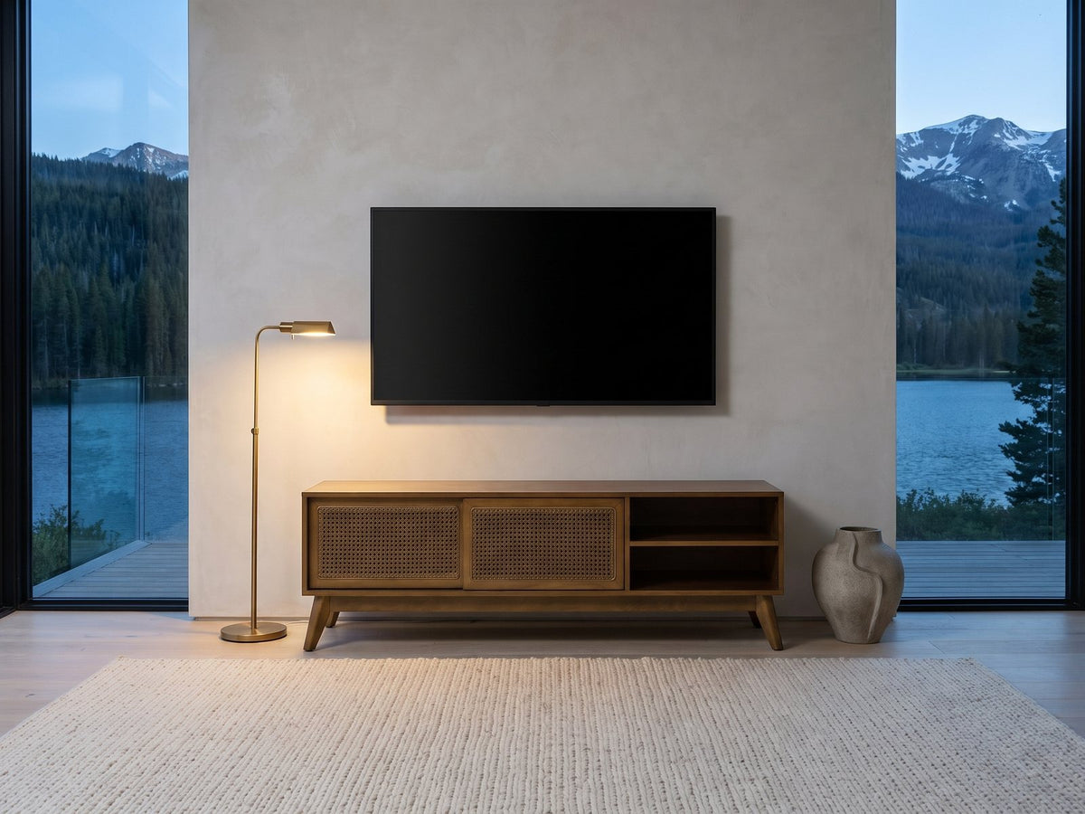Cisternino 59-Inch Pecan Birch Veneer and Cane Media Console under a wall-mounted screen in a mountain lake house at dusk