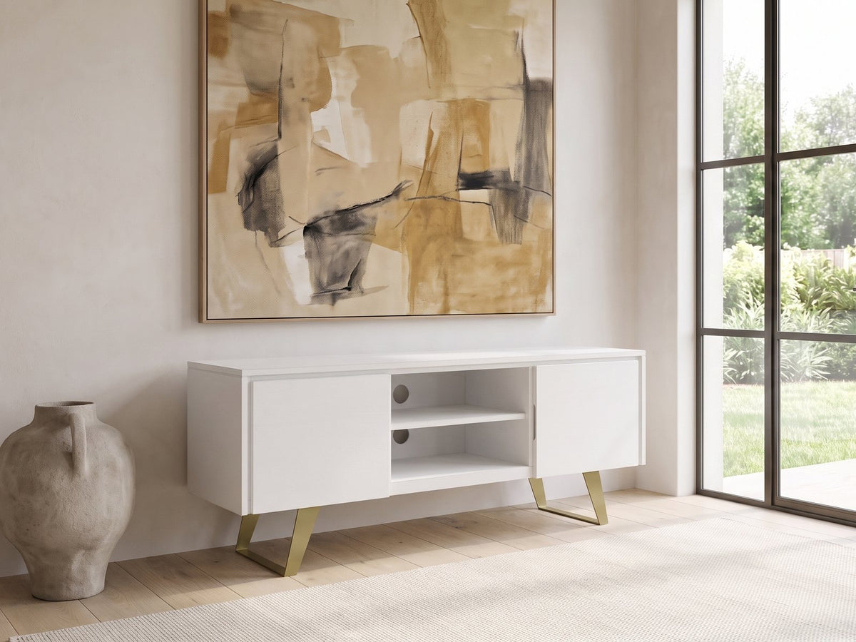 Cittadella White Media Console seen from the side, under a large abstract painting in a bright living room