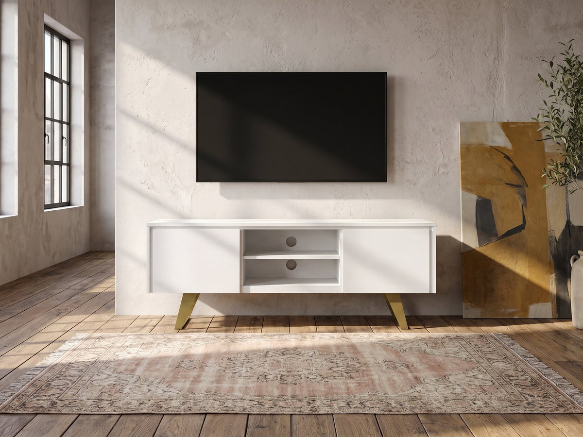 Cittadella White Media Console under a wall-mounted screen in an industrial loft