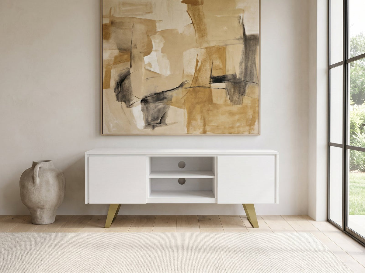 Cittadella White Media Console under a large abstract painting in a bright living room