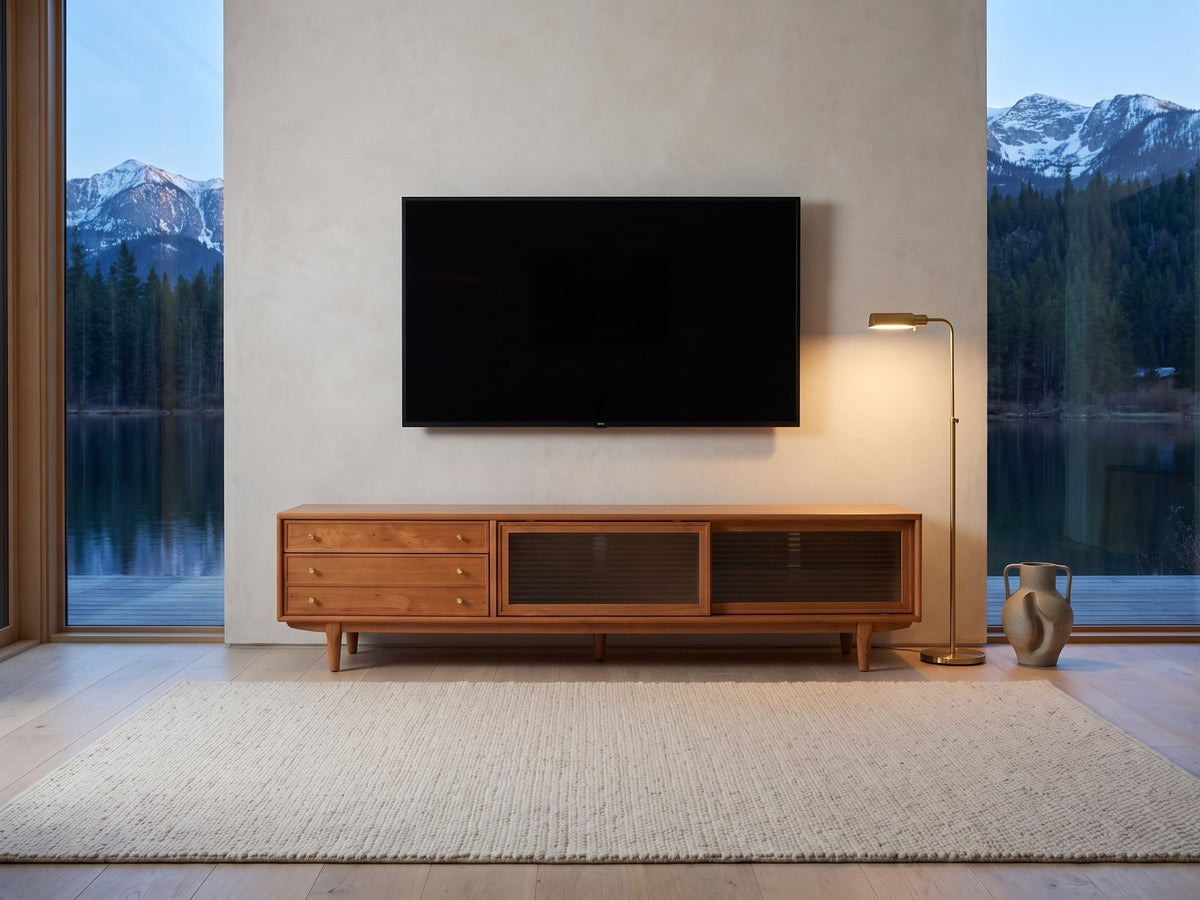 Cividale Solid Cherry Media Console under a wall-mounted screen in a mountain lake house at dusk
