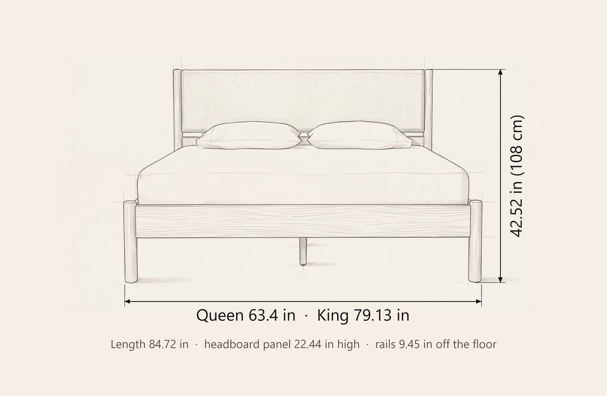 Civitella bed dimensions: Queen 63.4 in and King 79.13 in wide, 42.52 in high, 84.72 in long, headboard panel 22.44 in high, rails 9.45 in off the floor