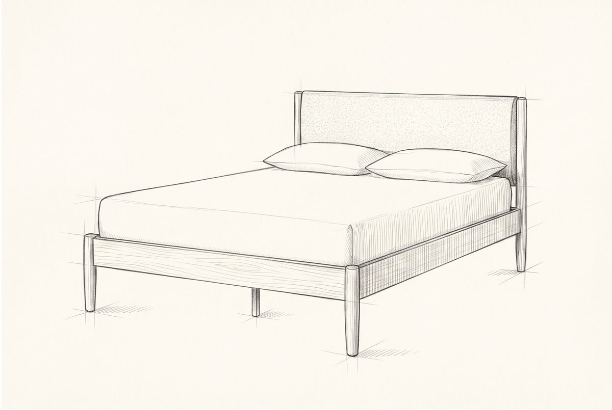 Pencil sketch of the Civitella bed with a mattress and two pillows, drawn from the same three-quarter view