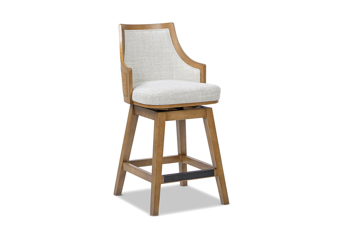 Cleto 26-Inch Woven Cane and Wood Swivel Counter Stool on a white background
