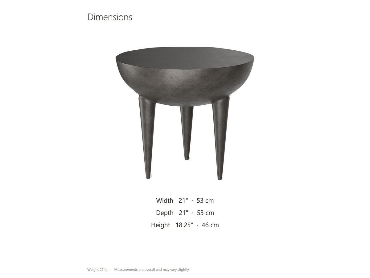 Colledara Cast Aluminum Bowl Side Table dimensions: 21.0 in wide, 21.0 in deep, 18.25 in high