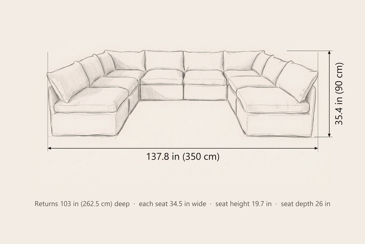 Comiso U-shaped sectional dimensions: 137.8 in wide, 35.4 in high, returns 103 in deep
