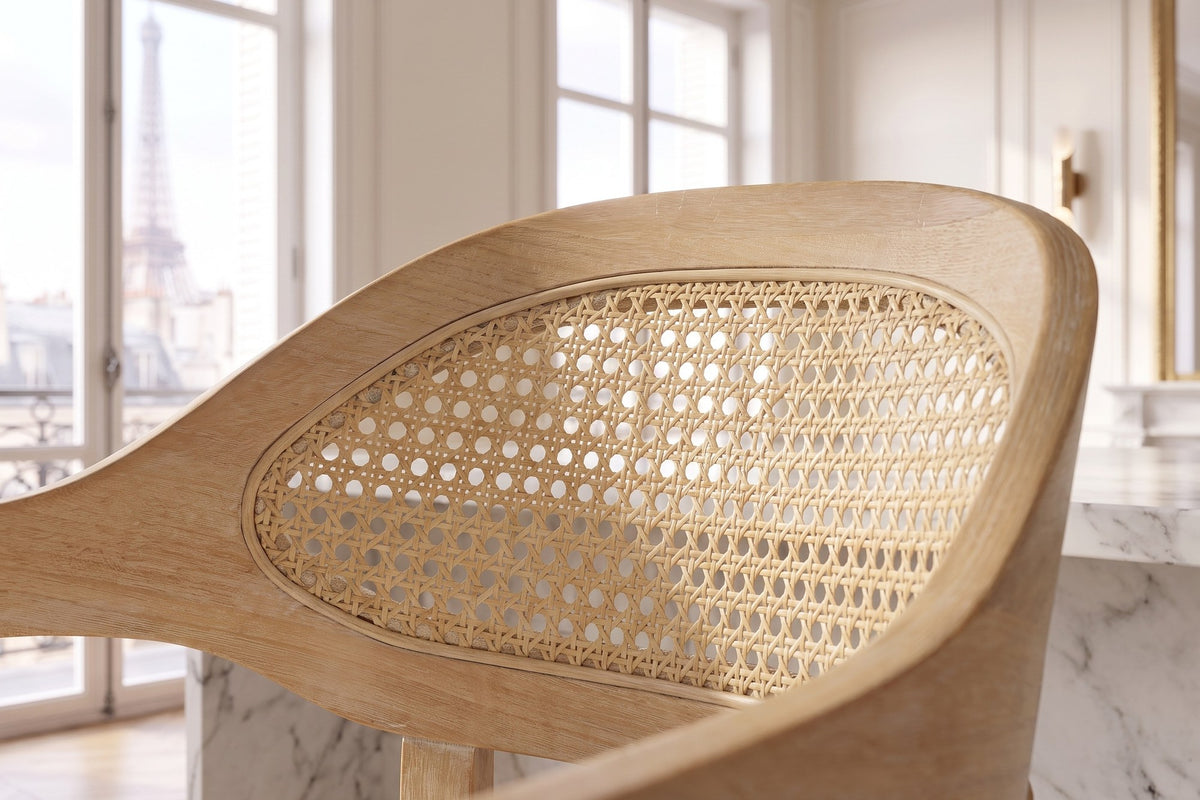 Close-up of the Conflenti 26-Inch Cane-Back Oak Counter Stool, Ivory Boucle: cane