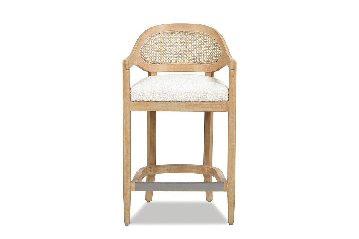 Conflenti 26-Inch Cane-Back Oak Counter Stool, Ivory Boucle, front view