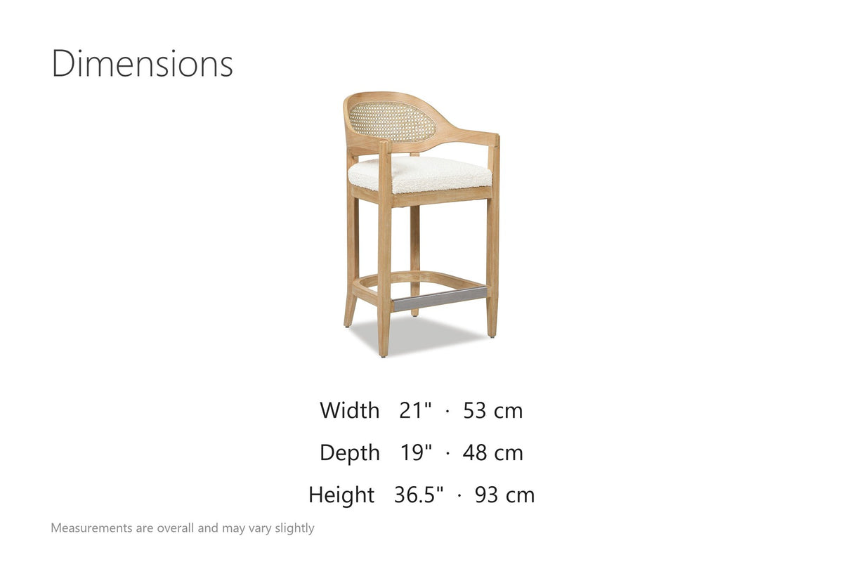 Conflenti 26-Inch Cane-Back Oak Counter Stool, Ivory Boucle dimensions