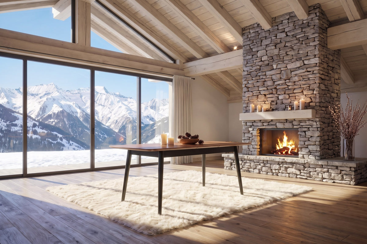 Crosia 63-Inch Rectangular Walnut Veneer Extending Dining Table in an alpine chalet
