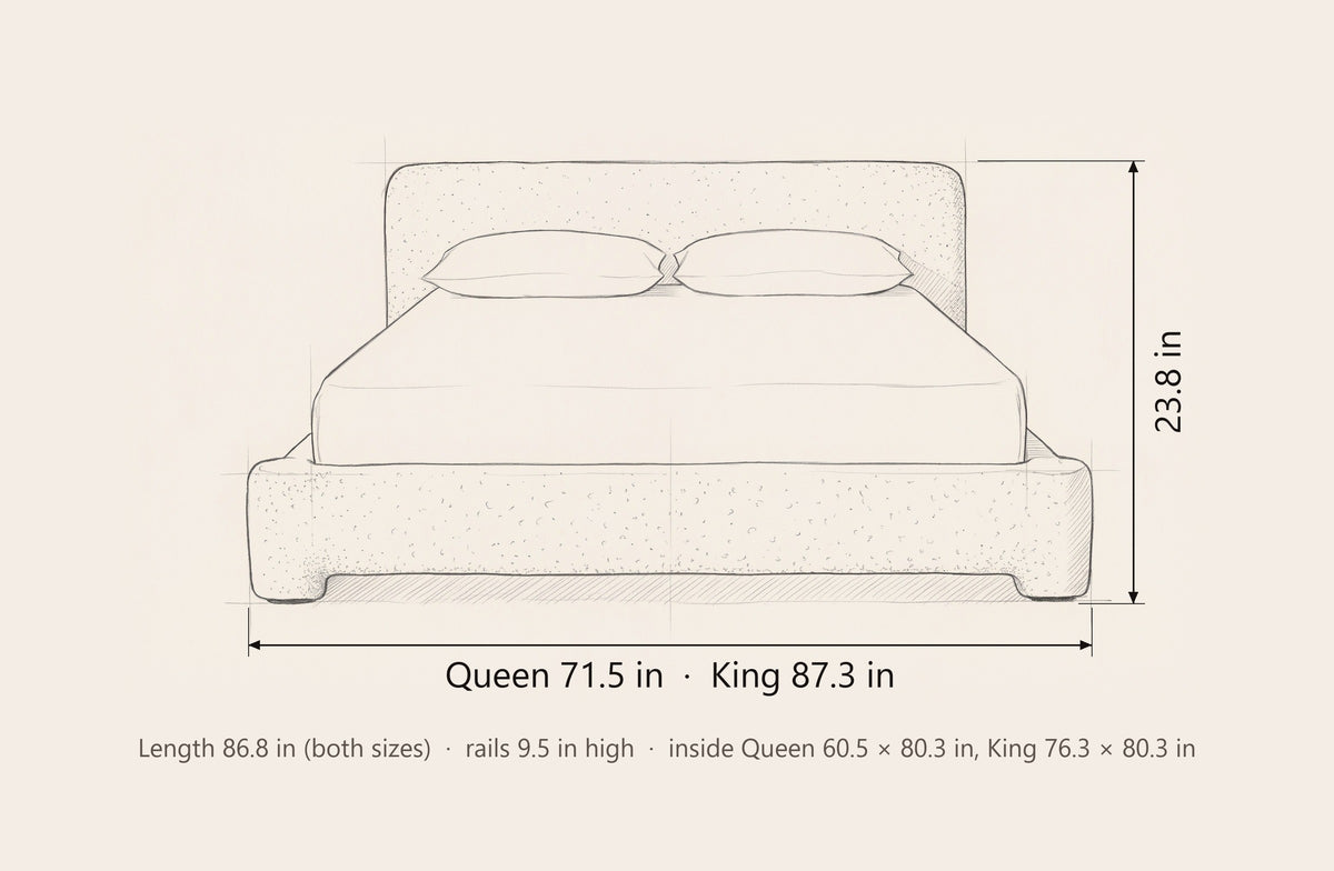 Cupello bed dimensions: Queen 71.5 in wide, King 87.3 in wide, both 86.8 in long and 23.8 in high, rails 9.5 in high