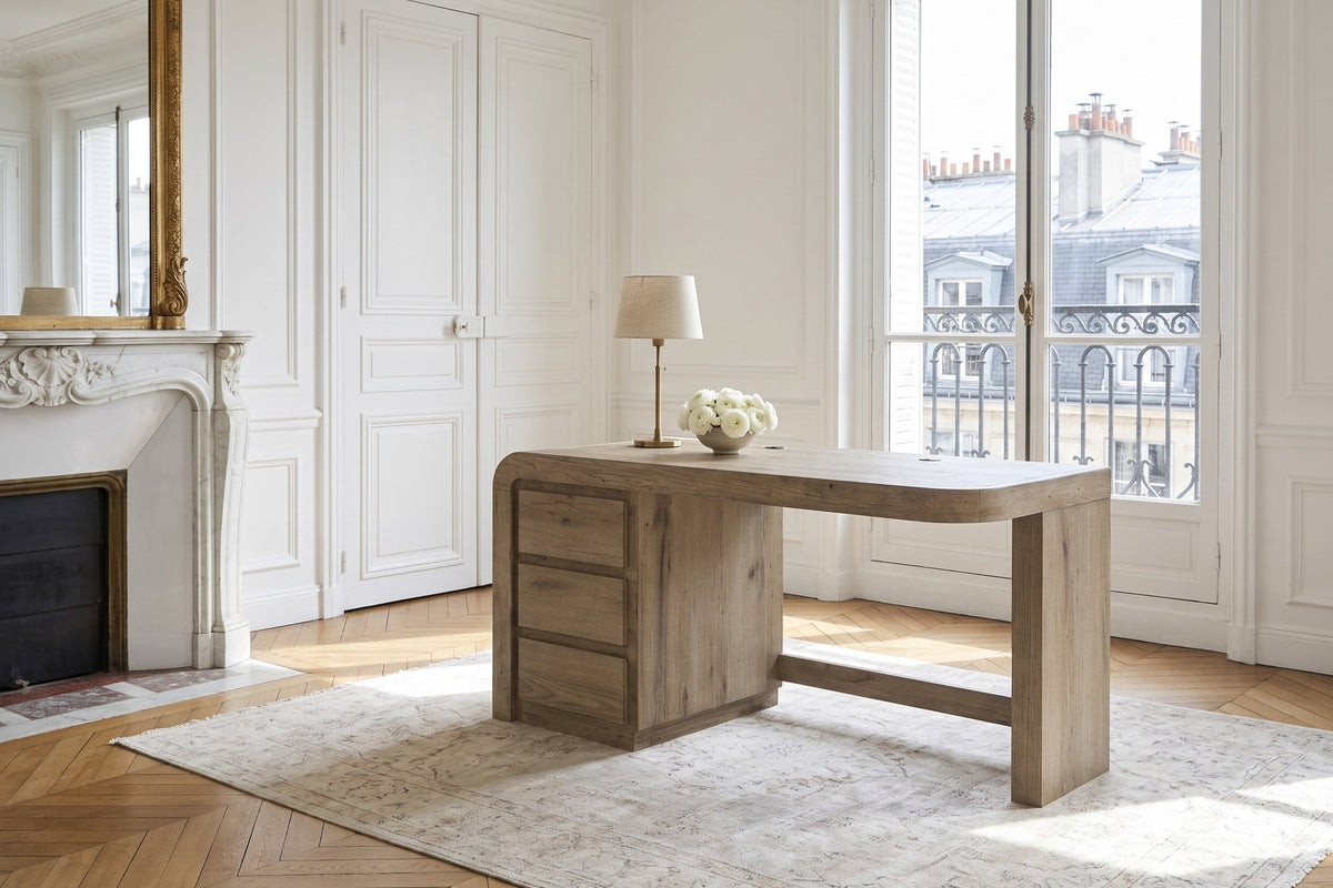 Curinga 58-Inch 3-Drawer Knotty Oak Veneer Waterfall Executive Desk in a Paris salon