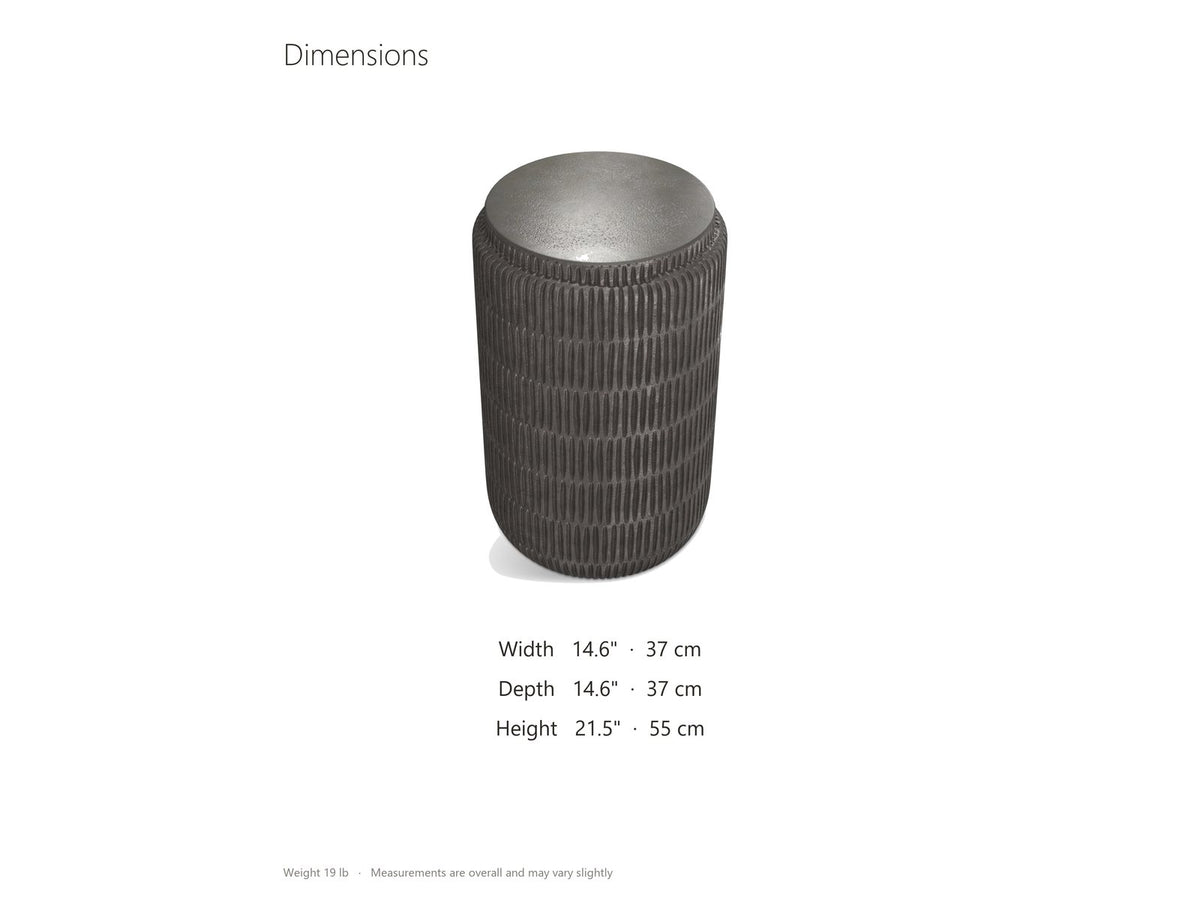 Cutigliano Cast Aluminum Carved Cylinder Side Table dimensions: 14.6 in wide, 14.6 in deep, 21.5 in high