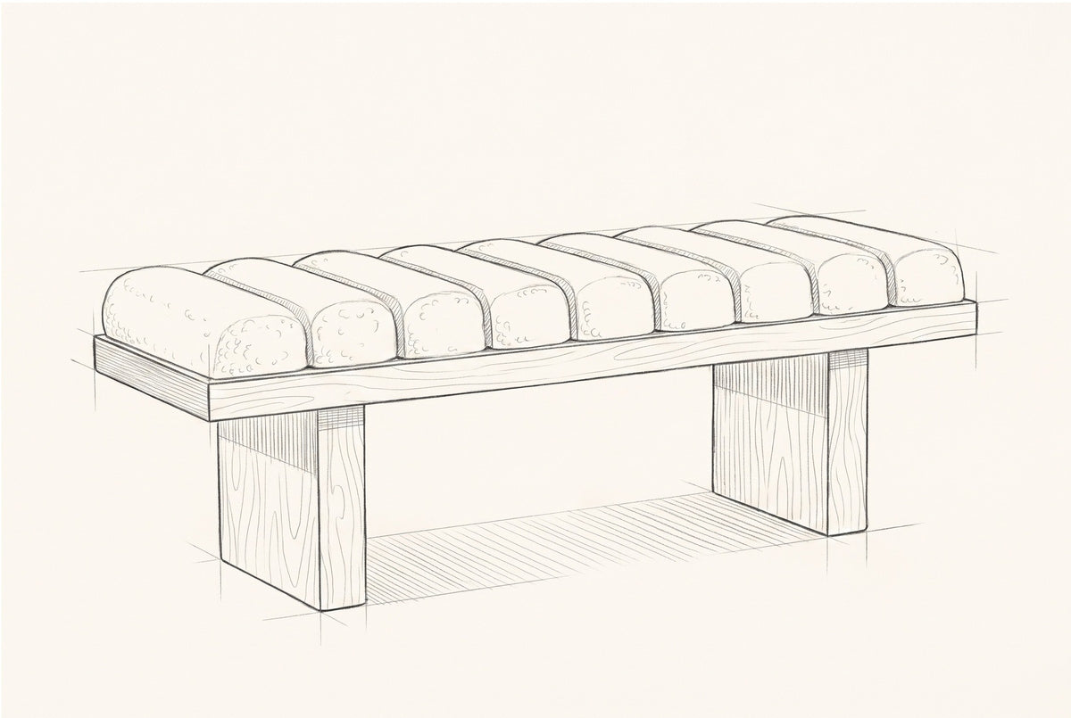 Pencil sketch of the Deruta bench, drawn from the same three-quarter view