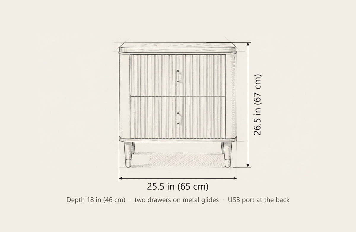 Desulo nightstand dimensions: 25.5 in wide, 26.5 in high, 18 in deep