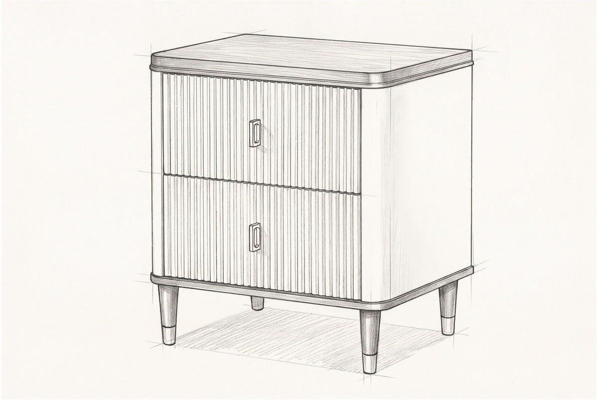 Pencil sketch of the Desulo nightstand, drawn from the same three-quarter view