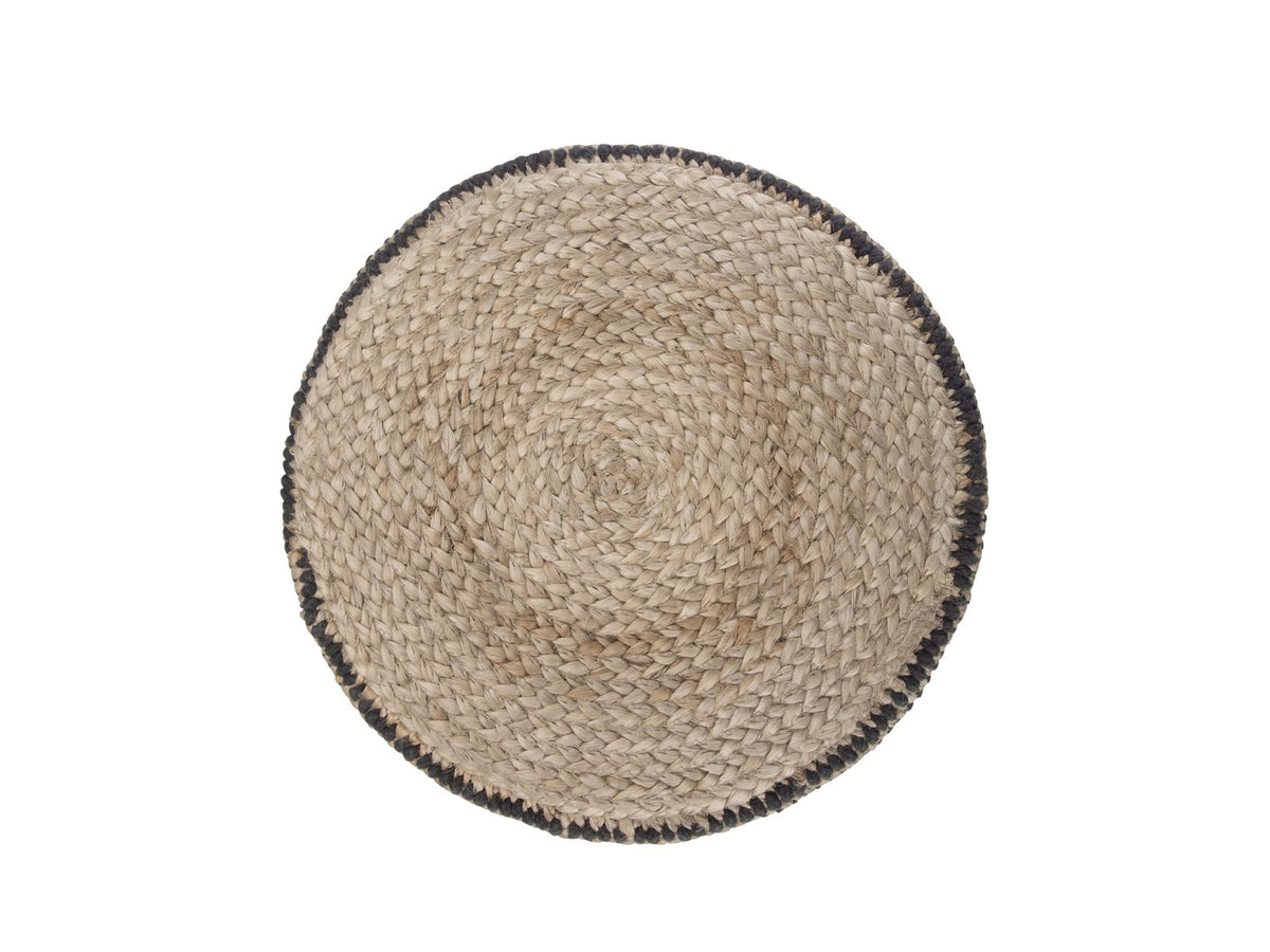 Dolceacqua Natural Braided Jute Round Pouf photographed on white from directly above, showing the coiled braided jute top