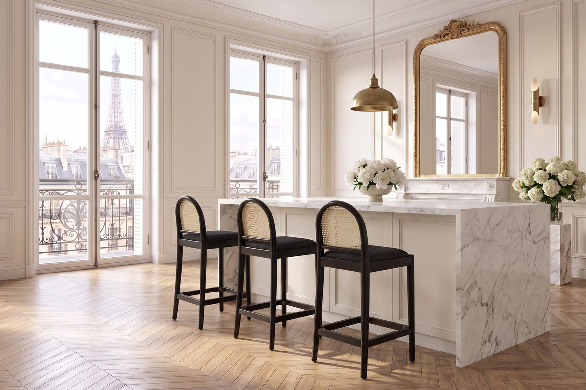 Drapia 26.5-Inch Cane-Back Ebony Oak Counter Stool, Black Boucle (Set of 2) in a Paris salon