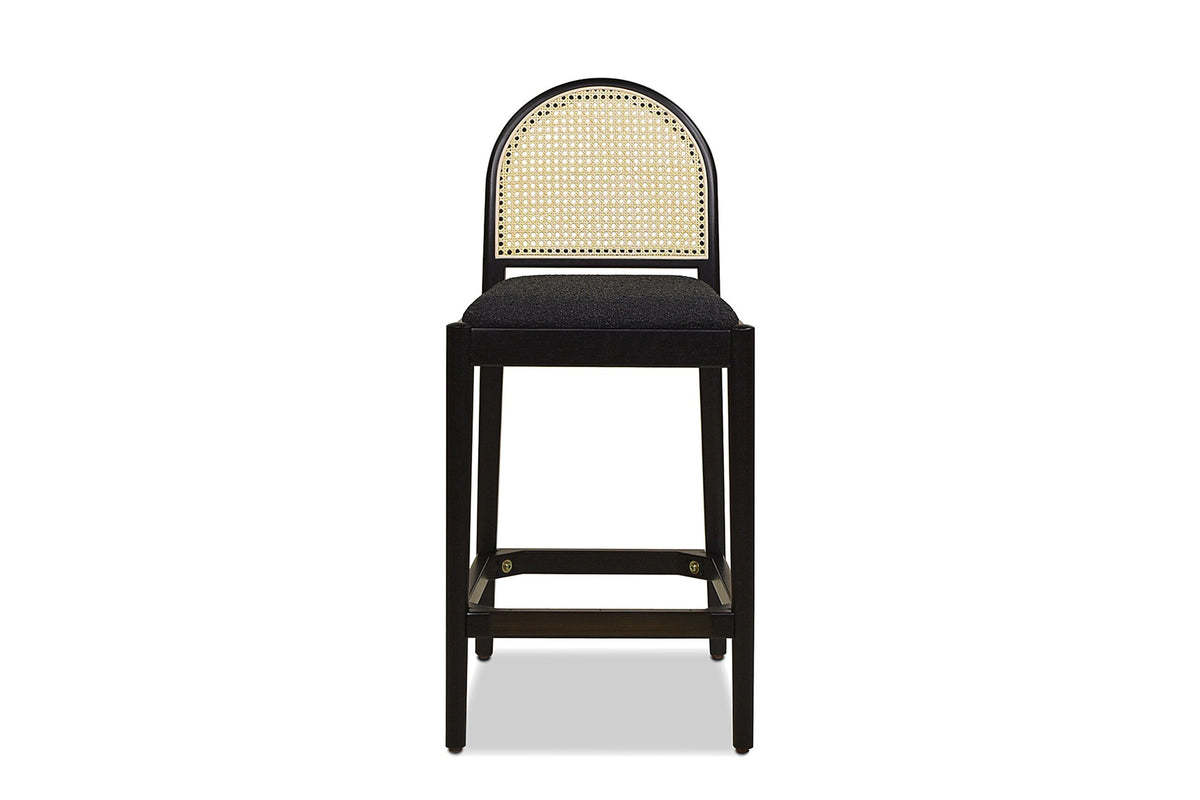 Drapia 26.5-Inch Cane-Back Ebony Oak Counter Stool, Black Boucle (Set of 2), front view