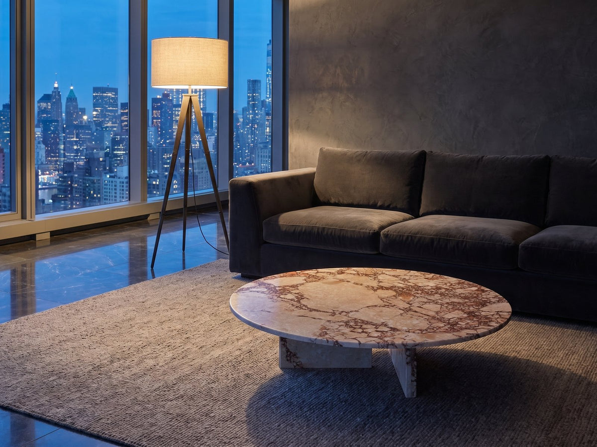 Elba Rosa Marble Coffee Table on a wool rug in front of a velvet sofa in a city penthouse at blue hour