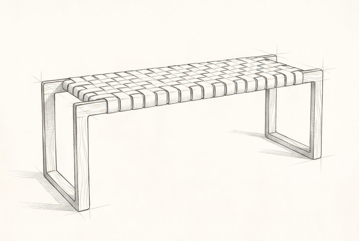 Pencil sketch of the Fasano bench, drawn from the same three-quarter view
