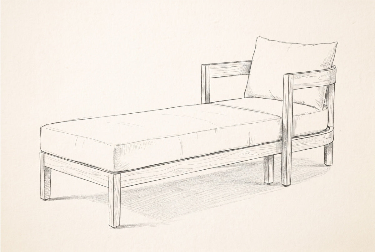 Pencil sketch of the Favignana chaise lounge, three-quarter view from the foot end