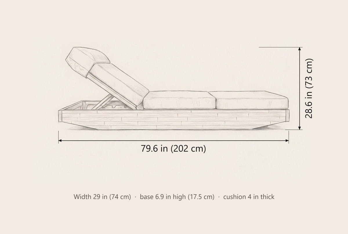 Ferla chaise lounge dimensions: 79.6 in long, 28.6 in high, 29 in wide