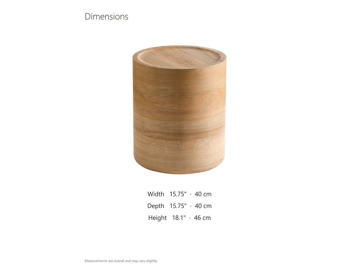 Ferrandina Natural Wood Veneer Drum Side Table dimensions: 15.75 in wide, 15.75 in deep, 18.1 in high