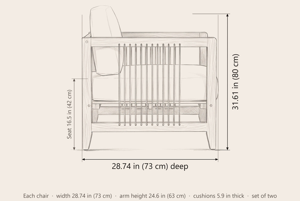 Ficarra armchair dimensions: each chair 28.74 in deep, 31.61 in high, seat 16.5 in high, 28.74 in wide