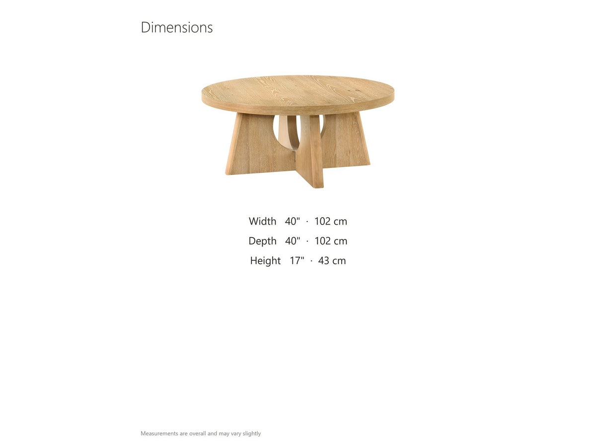 Fiesole Cerused Oak Veneer Round Pedestal Coffee Table dimensions: 40.0 in wide, 40.0 in deep, 17.0 in high