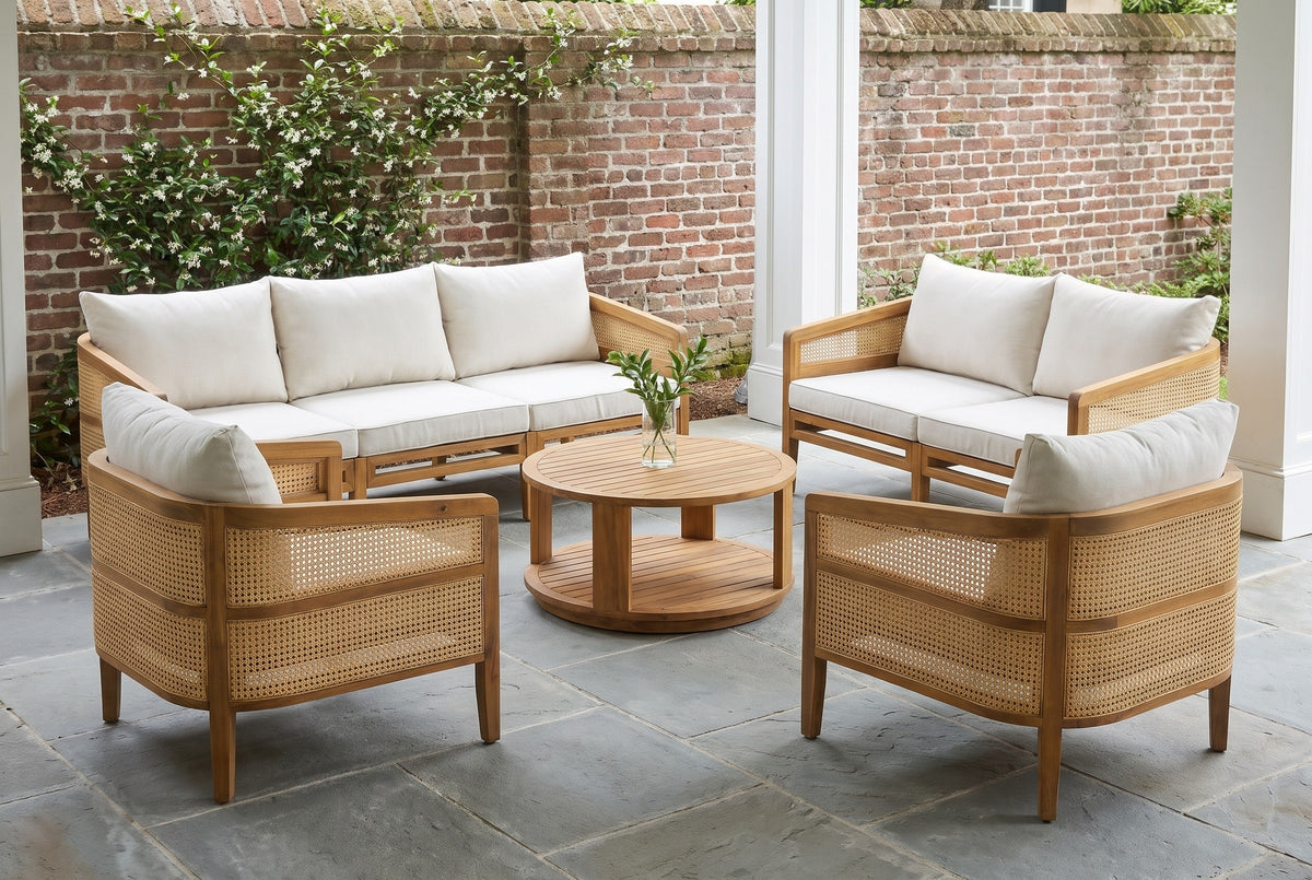 Filicudi acacia and rattan set under a Charleston garden loggia with an old red-brick wall, star jasmine and a bluestone floor (vase not included)