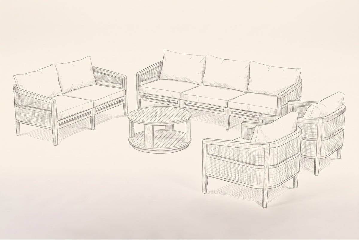 Pencil sketch of the Filicudi five-piece outdoor set, drawn from the same three-quarter view