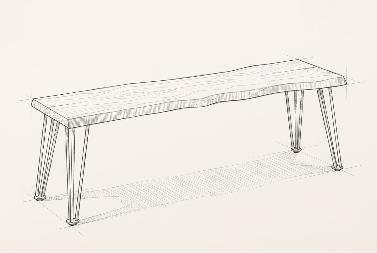 Pencil sketch of the Foligno bench, drawn from the same three-quarter view