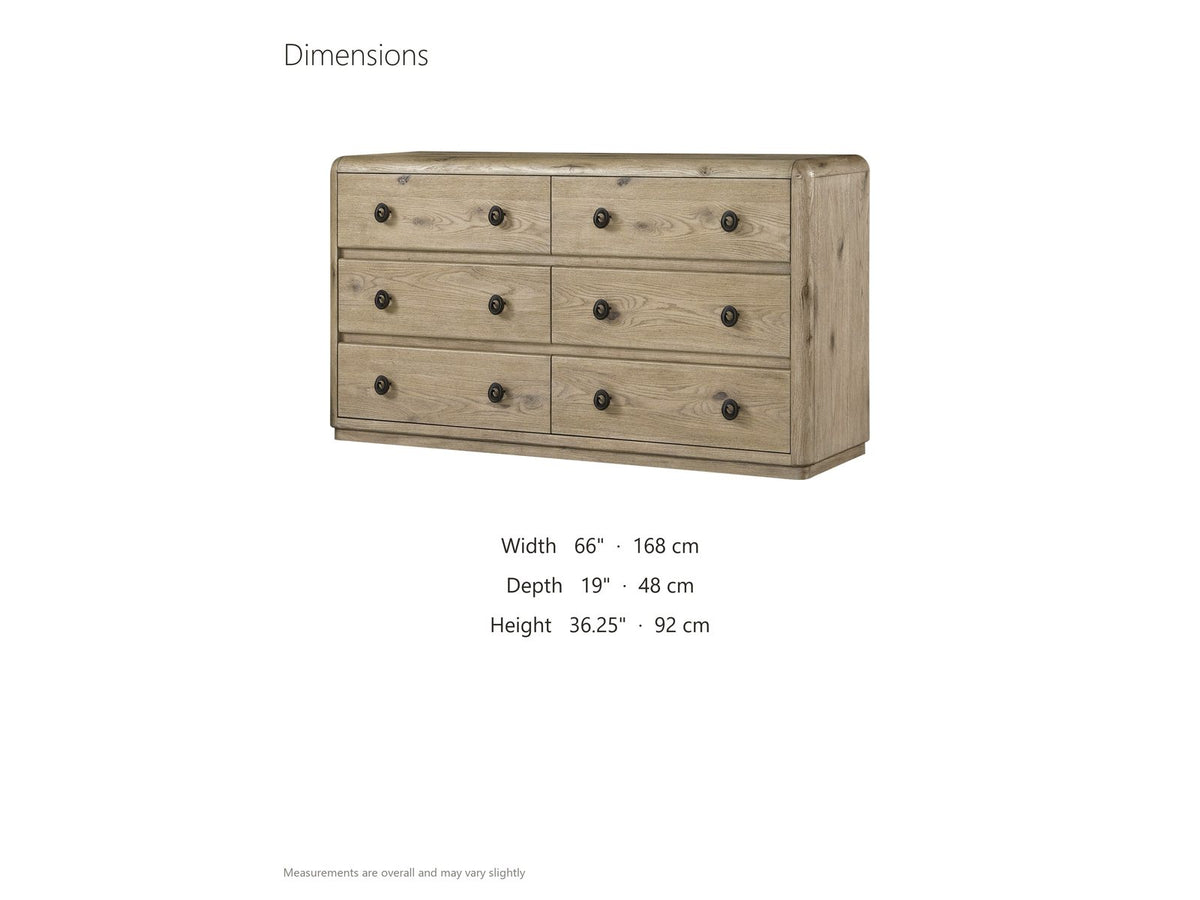 Fonzaso 66-Inch Weathered Knotty Oak 6-Drawer Dresser dimensions: 66.0 in wide, 19.0 in deep, 36.25 in high