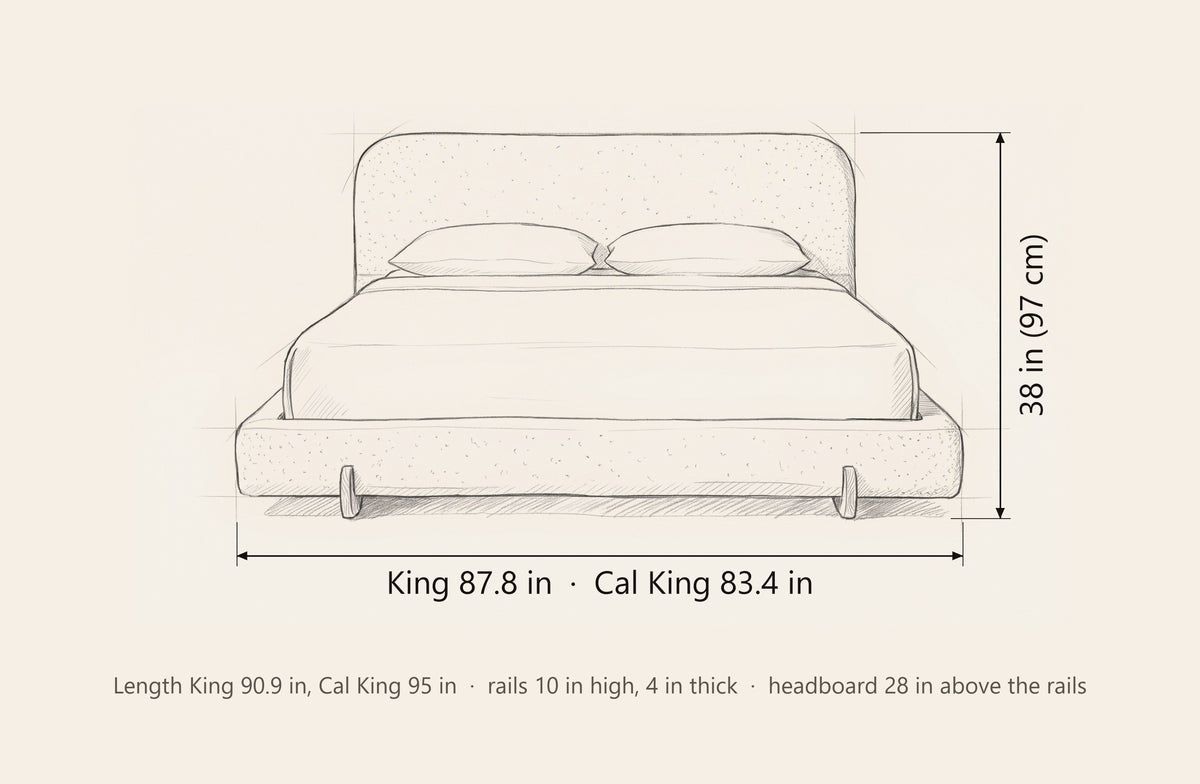 Fossacesia bed dimensions: King 87.8 in wide, 90.9 in long; California King 83.4 in wide, 95 in long; 38 in high; rails 10 in high