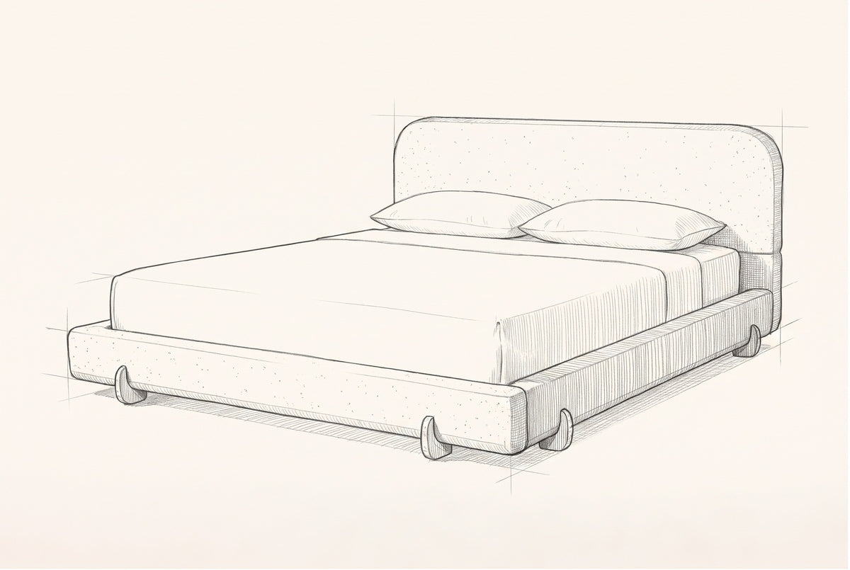 Pencil sketch of the Fossacesia bed with a mattress and two pillows, drawn from the same three-quarter view
