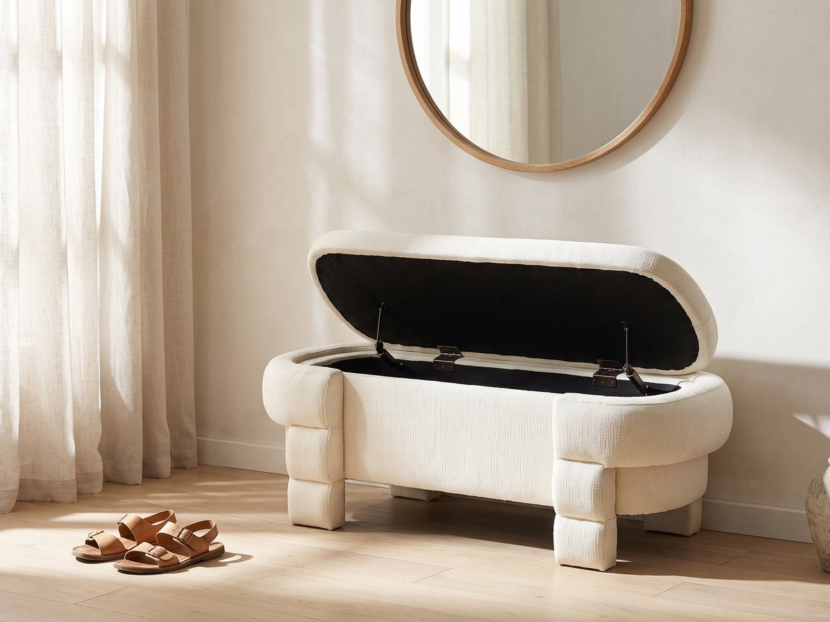 The Gaeta storage bench styled in a room setting