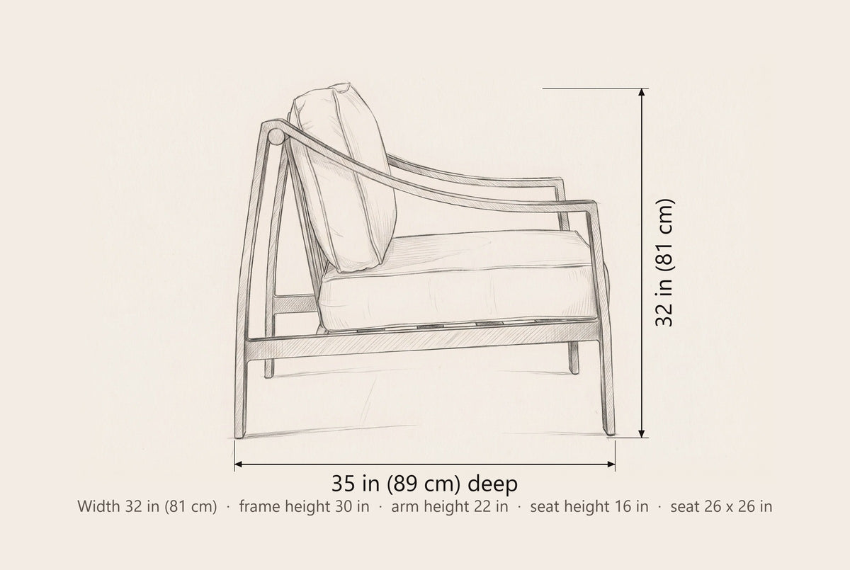 Galati lounge chair dimensions: 35 in deep, 32 in high to the top of the back cushion, 32 in wide