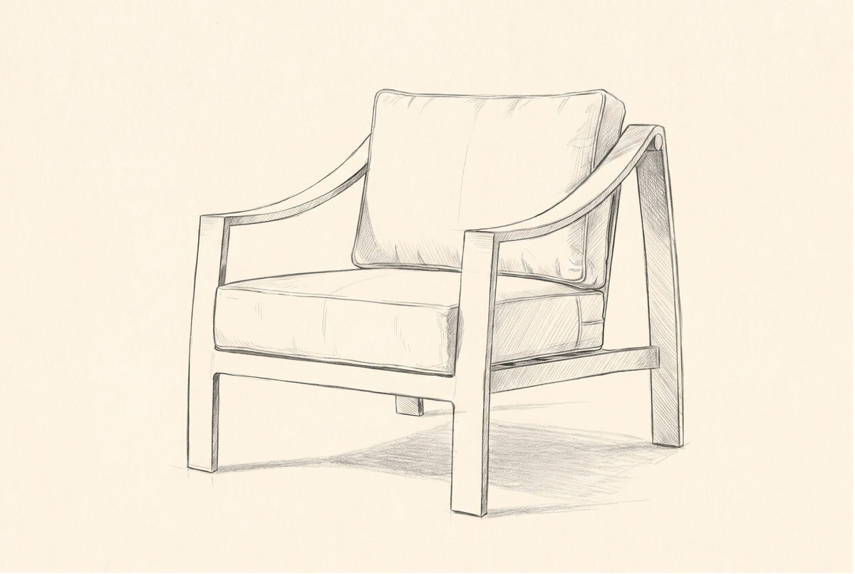 Pencil sketch of the Galati lounge chair, three-quarter front view