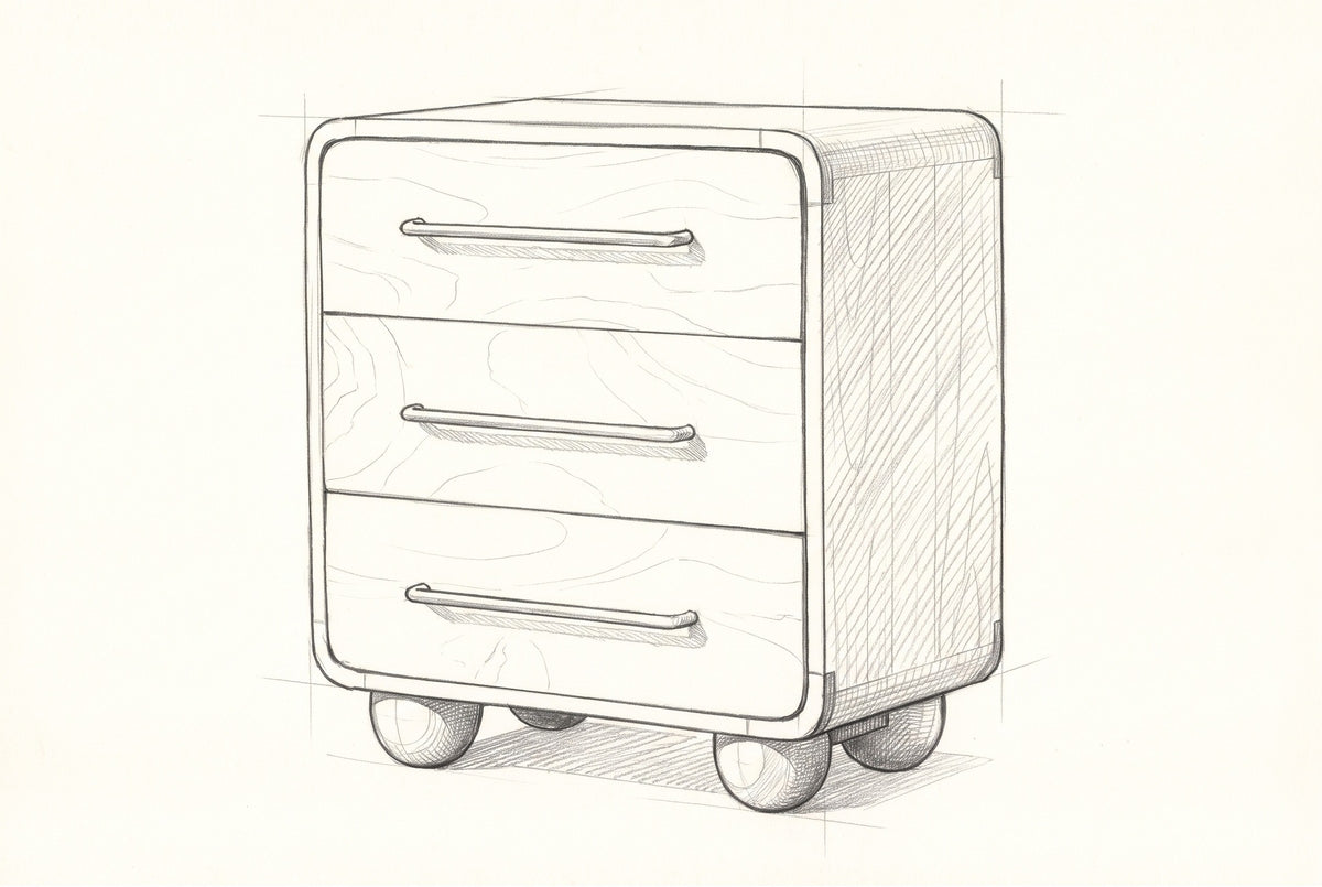 Pencil sketch of the Galtelli nightstand, drawn from the same three-quarter view
