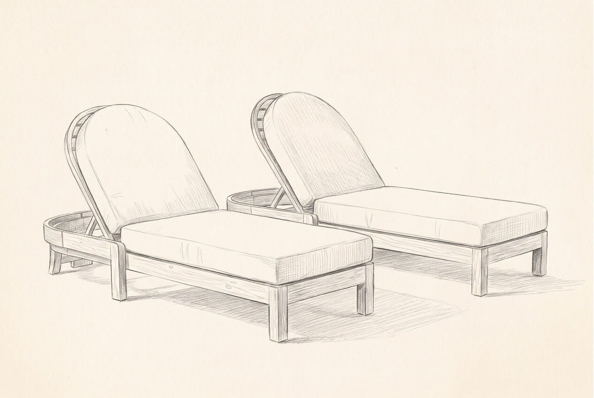 Pencil sketch of the two Gangi chaise lounges, three-quarter view