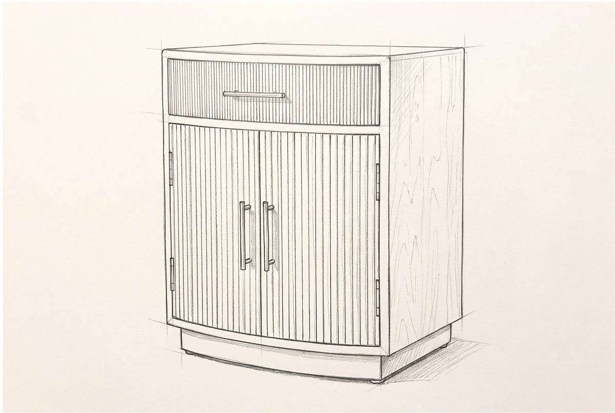 Pencil sketch of the Gavoi nightstand, drawn from the same three-quarter view