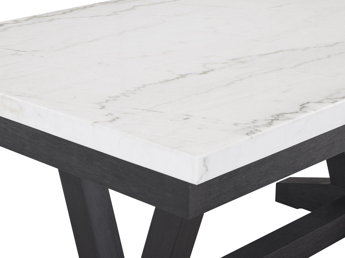 Close-up of the Gerace 72-Inch White Marble V-Trestle Dining Set with 6 Chairs: the white marble top, black wire-brushed apron and one V-trestle