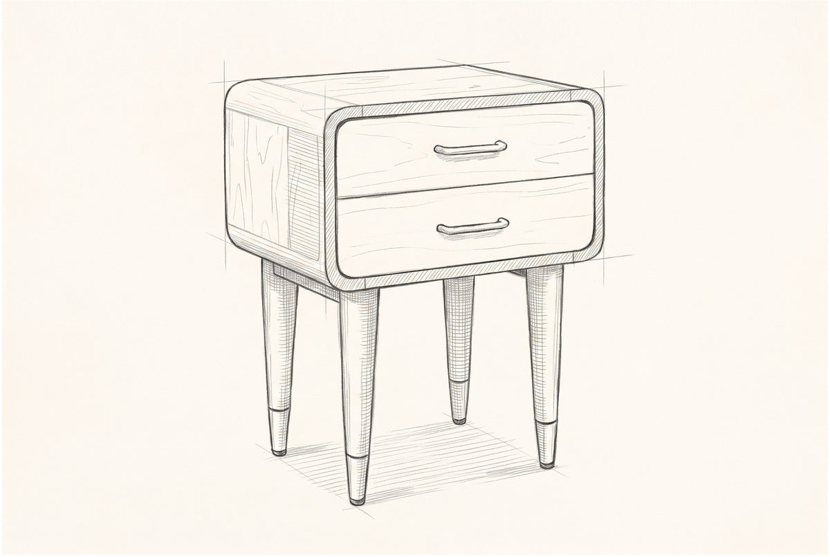Pencil sketch of the Ghilarza nightstand, drawn from the same three-quarter view