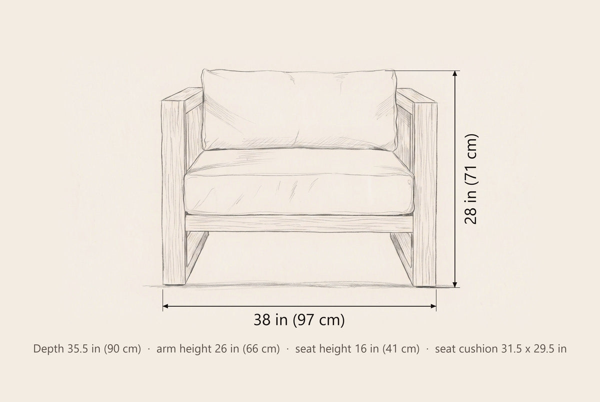 Giardini lounge chair dimensions: 38 in wide, 28 in high, 35.5 in deep
