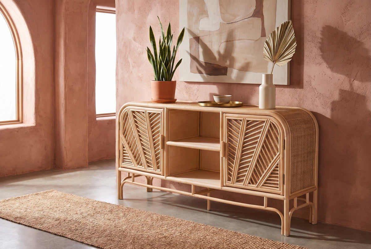 Giovinazzo rattan and cane sideboard against a terracotta-pink limewash wall in an Austin entryway with a concrete floor and a jute runner