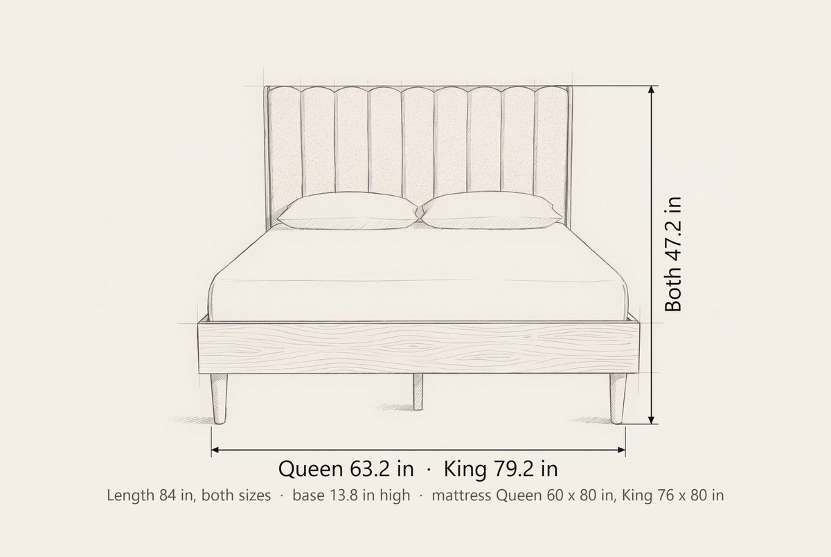 Giulianova bed dimensions: Queen 63.2 in wide, King 79.2 in wide, both 84 in long and 47.2 in high
