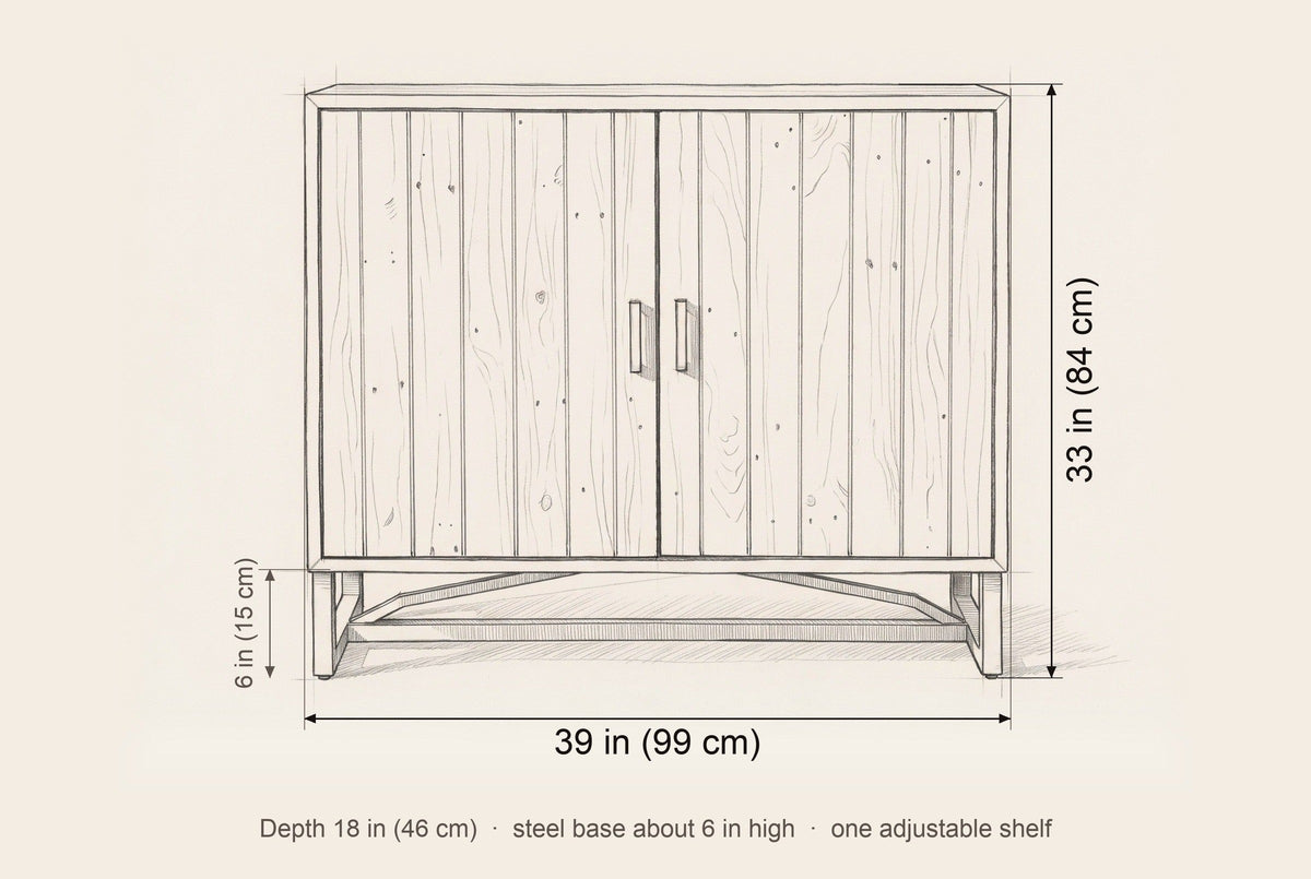Gravina cabinet dimensions: 39 in wide, 33 in high, 18 in deep, steel base 6 in