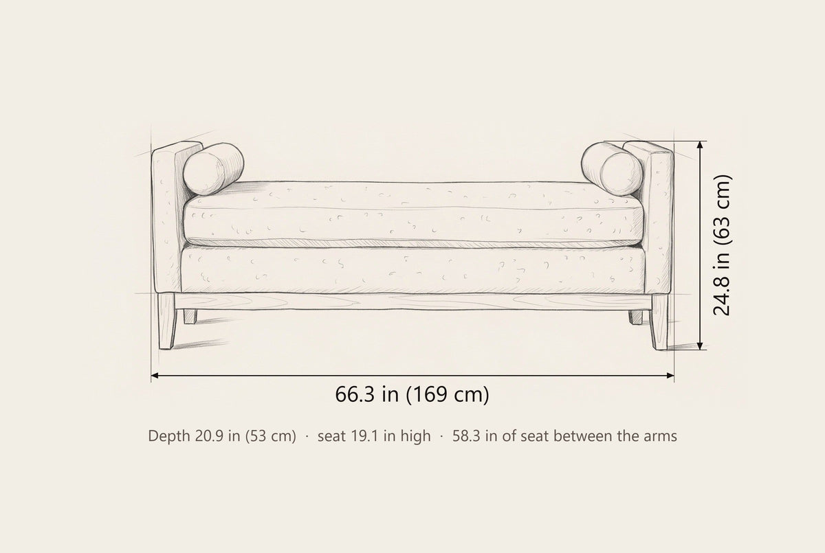 Gualdo bench dimensions: 66.3 in wide, 24.8 in high to the arms, 20.9 in deep