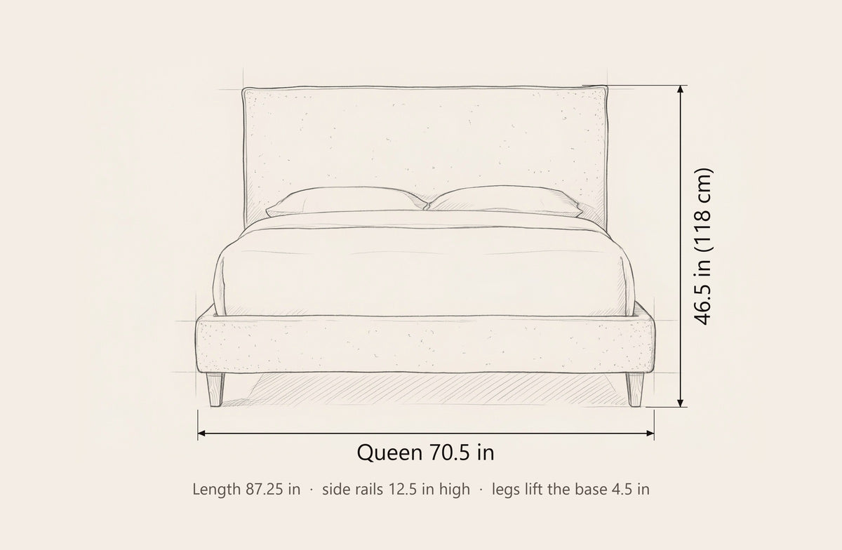 Guardiagrele bed dimensions, Queen: 70.5 in wide, 46.5 in high, 87.25 in long, side rails 12.5 in high, legs lift the base 4.5 in
